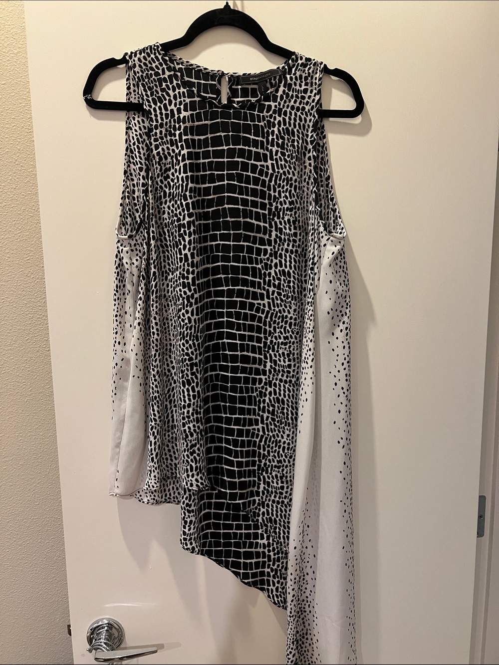 BCBGMaxAzria Black and White Asymmetrical Cold-Shoulder Top